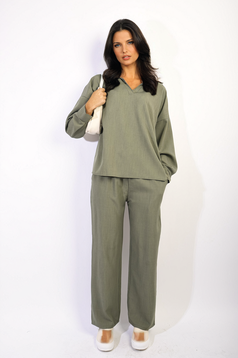 V-neck Long Sleeve Top and Wide Leg Trousers Co-ord Set