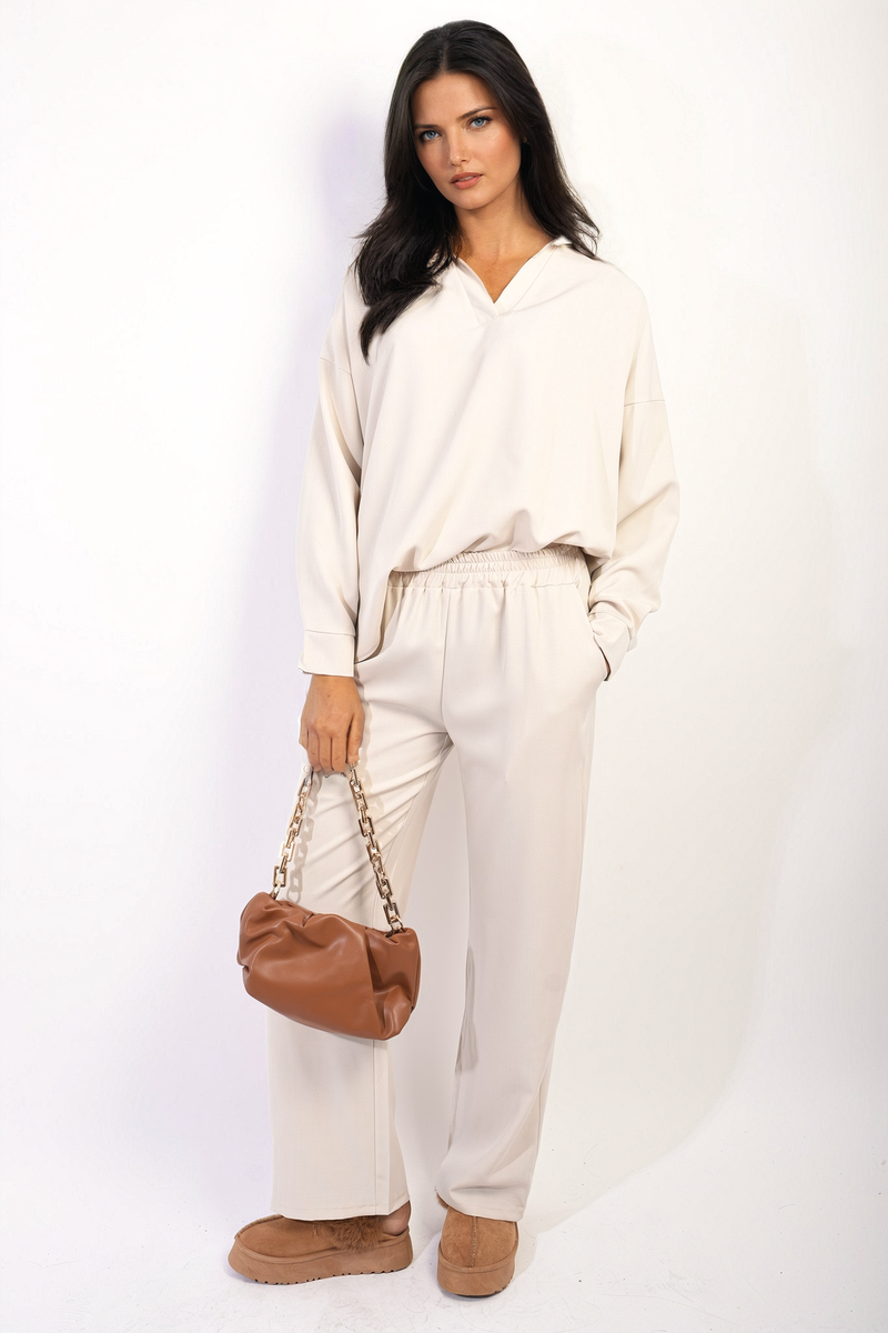 V-neck Long Sleeve Top and Wide Leg Trousers Co-ord Set