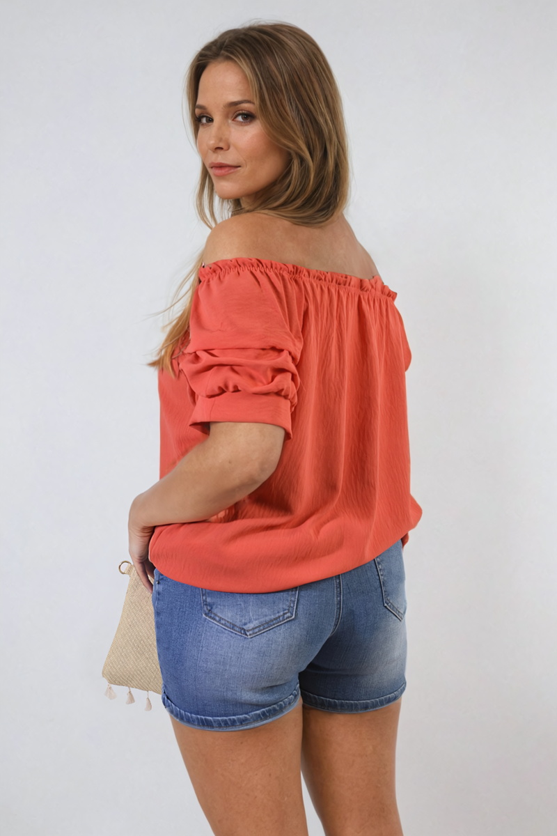 Cinched Sleeve Off Shoulder Top