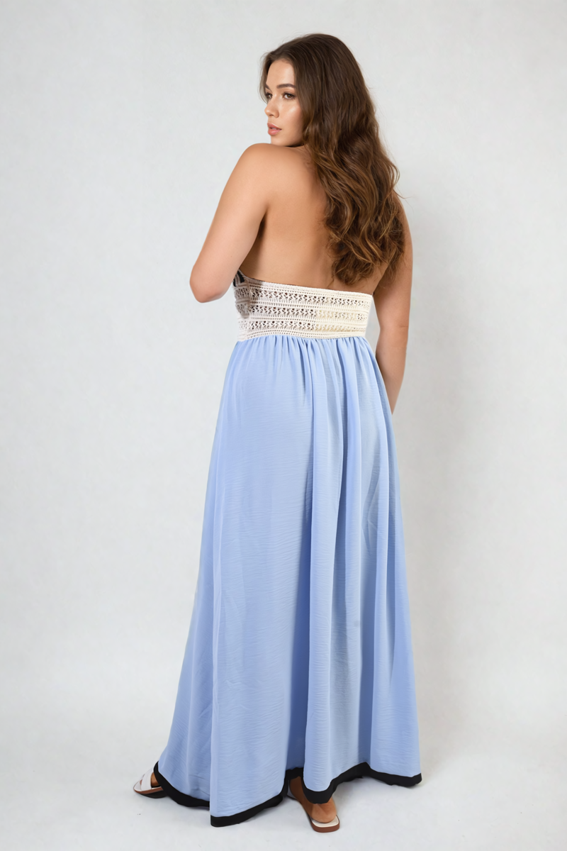 Crochet V-Neck Halter Backless Maxi Dress - BB Fashion Outlet