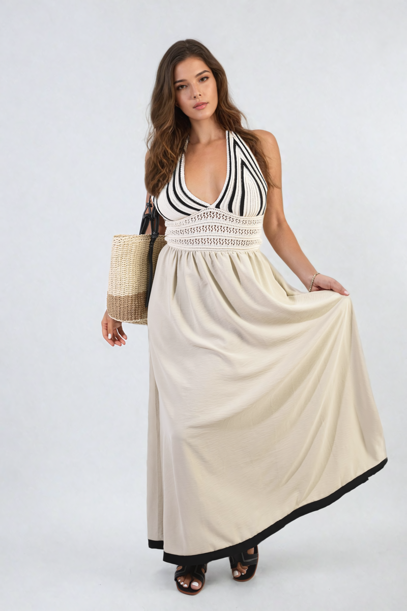 Crochet V-Neck Halter Backless Maxi Dress