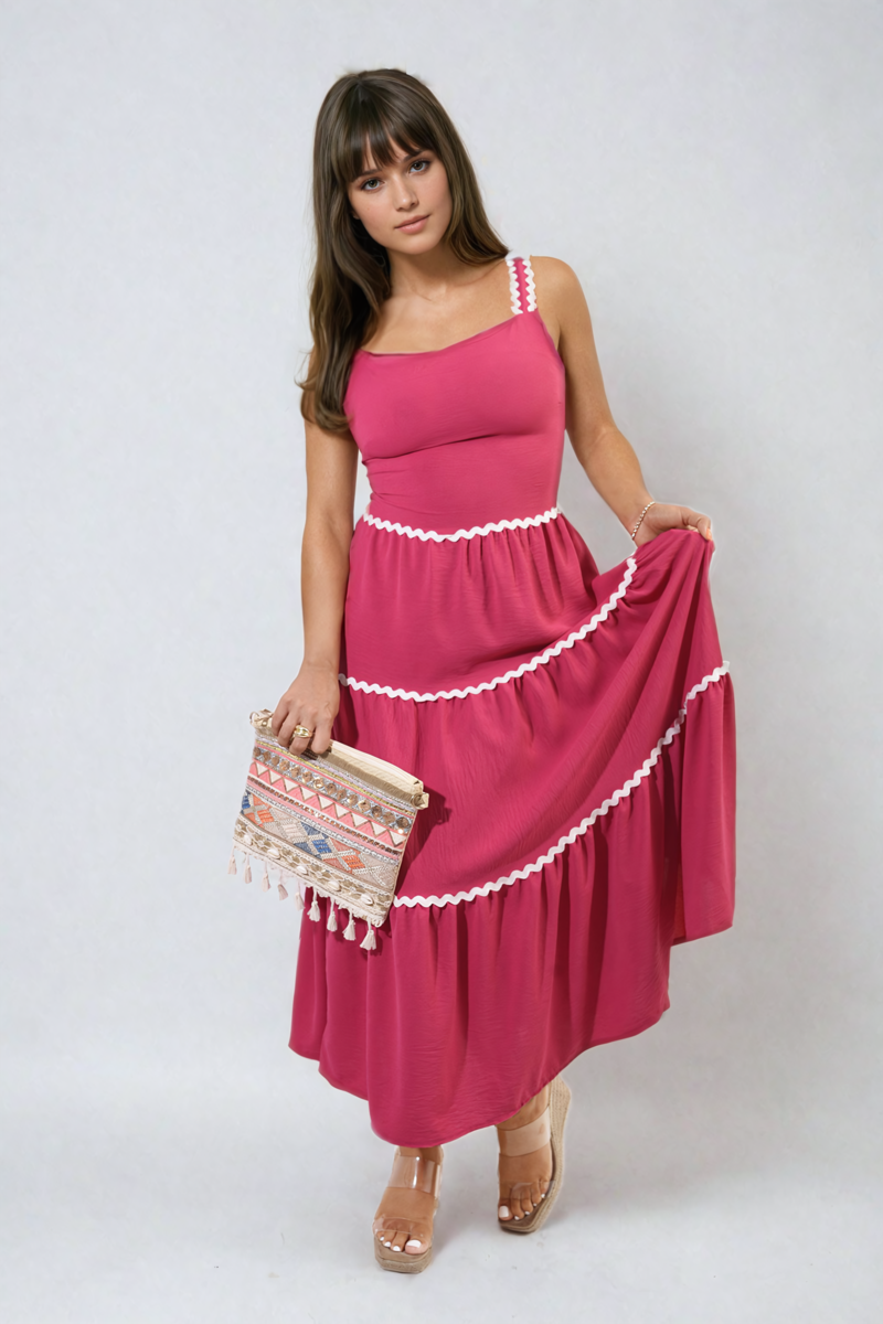 Contrast Ric Rac Detail Multi Tiered Maxi Dress - BB Fashion Outlet