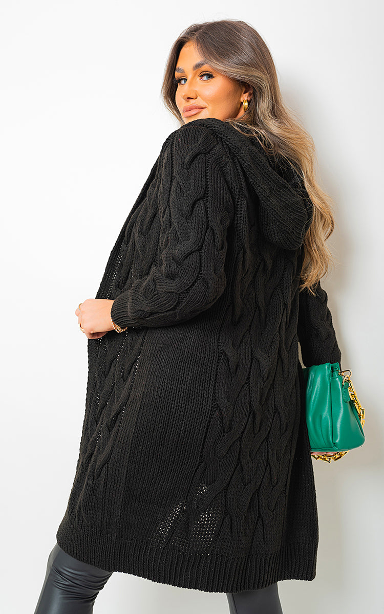 Chunky Cable Knitted Oversized Longline Hooded Cardigan