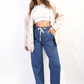 Drawstring Waist Flap Pocket Wide Leg Cargo Jeans