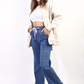 Drawstring Waist Flap Pocket Wide Leg Cargo Jeans