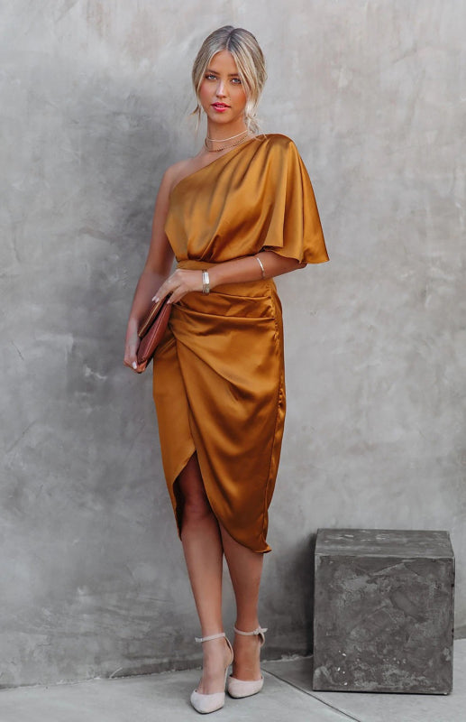 One Shoulder Irregular Pleated Dress