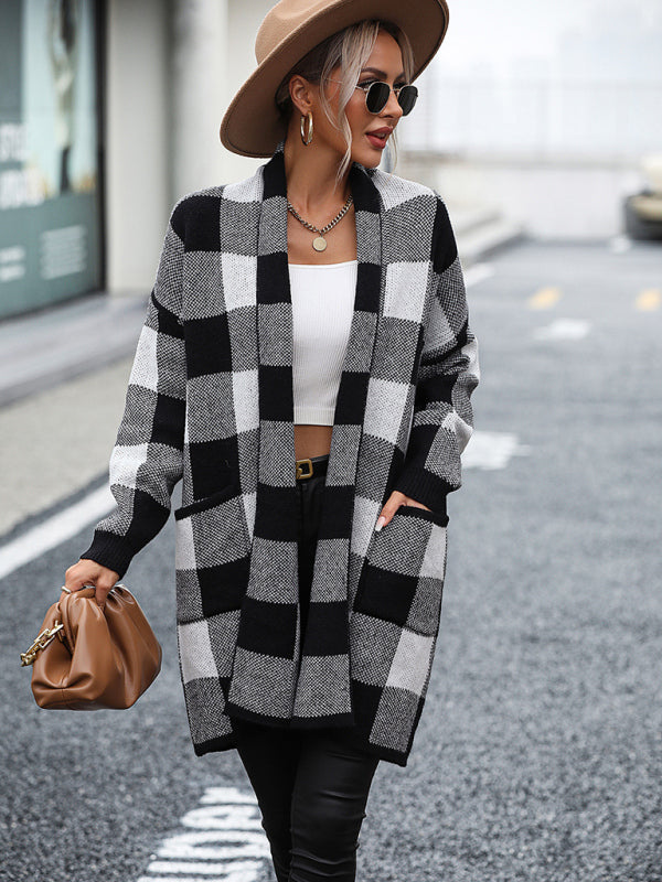 Plaid Colour Block Knit Cardigan