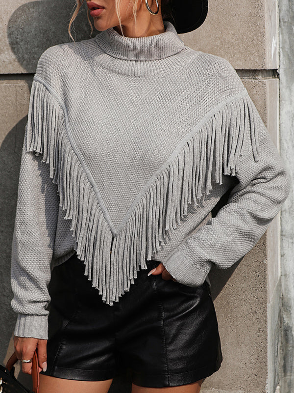 Loose Fringed Sweater Knit Turtleneck