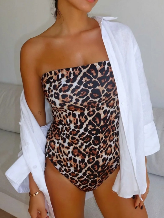 Animal Print Swimsuit Bandeau Strapless