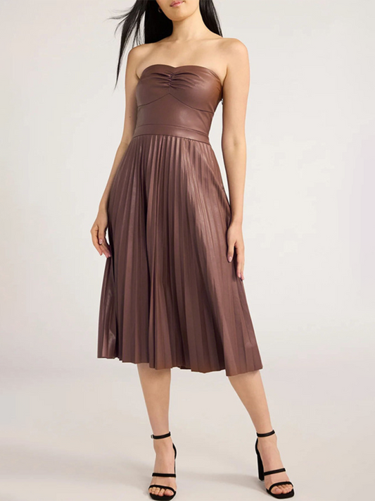 Strapless Tube Top Pleat Faux Leather Midi Dress