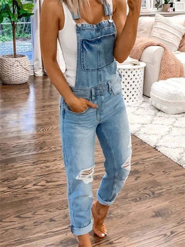 Denim Dungarees ripped denim jumpsuit women's casual