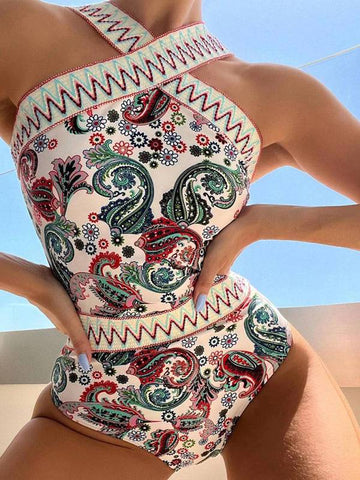 Paisley Print Cross Neck Swimsuit