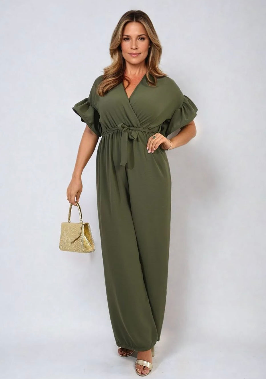 Wrap Over Tie Belt Frill Sleeve Jumpsuit - BB Fashion Outlet