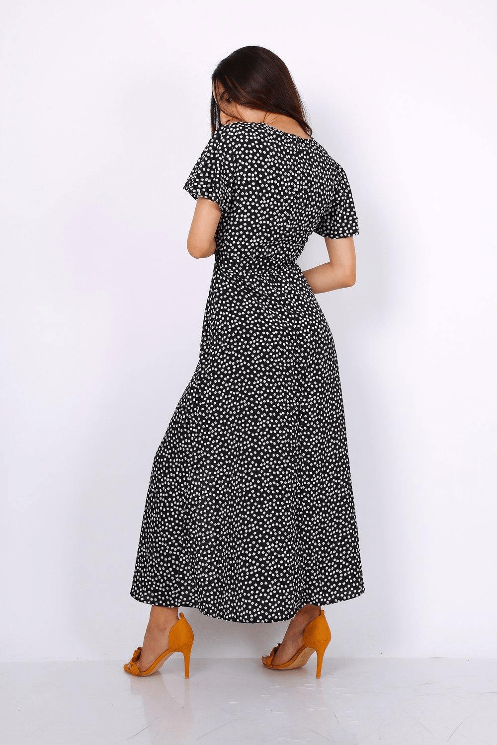 Wrap Front Split Leg Maxi Dress In Black Daisy Dot Print