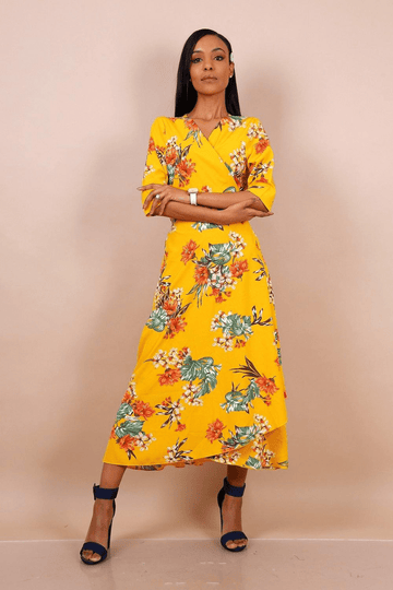 Midi Wrap Dress In Yellow Floral Print With Ruffle Hem