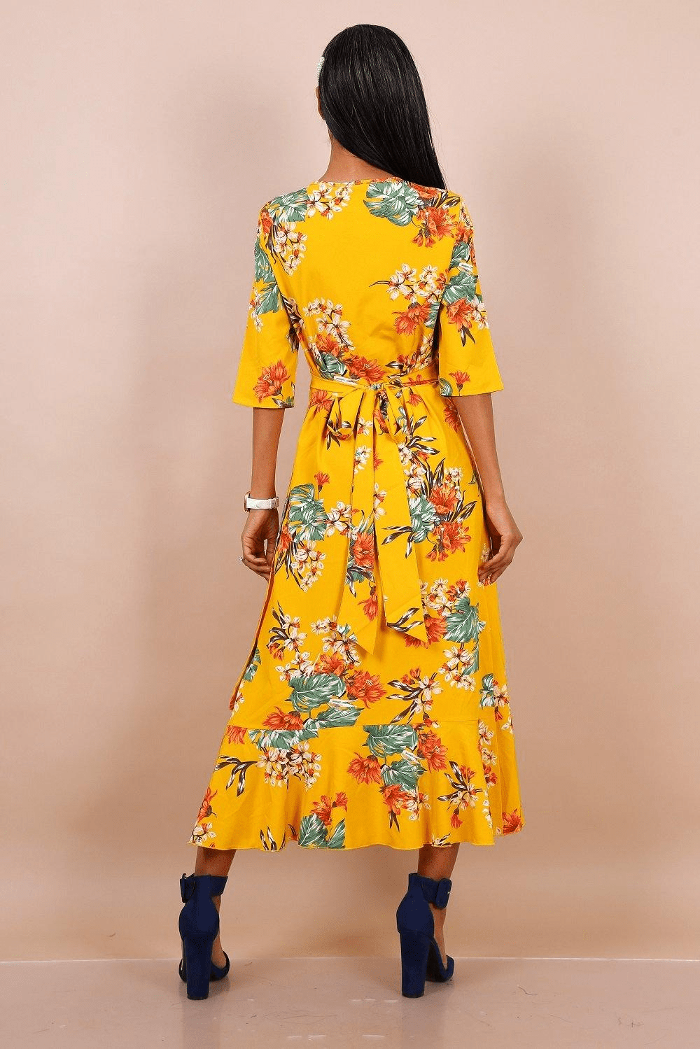 Midi Wrap Dress In Yellow Floral Print With Ruffle Hem