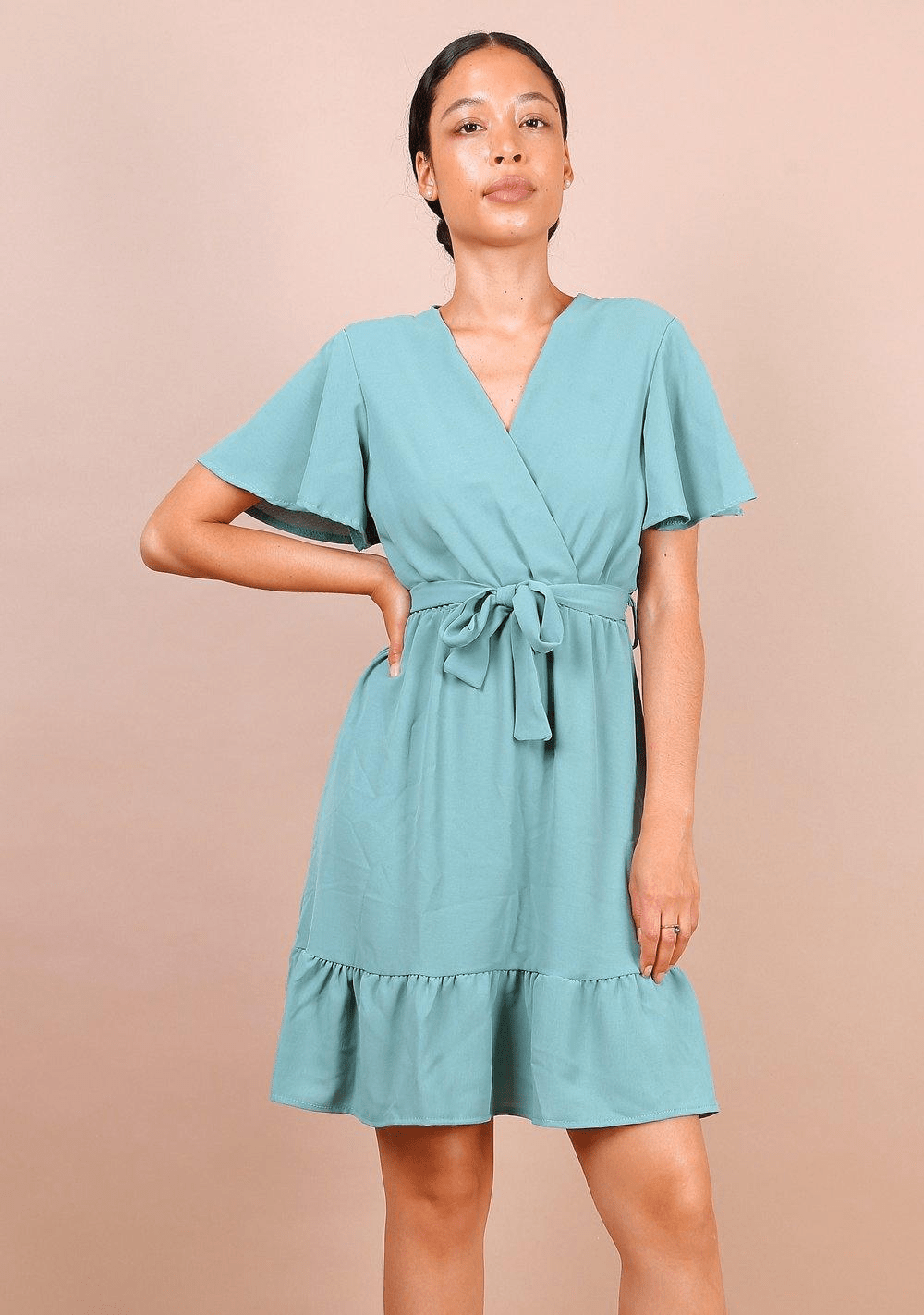 Wrap Front Angel Sleeve Mini Dress In Mint Green