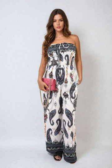 Shirred Strapless Printed Jumpsuit