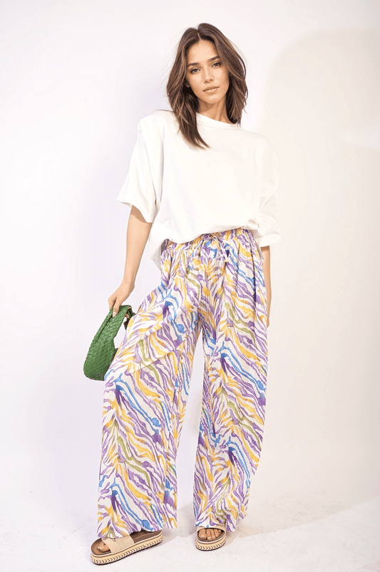 Pleated Wide Leg and Elastic Waist Trousers