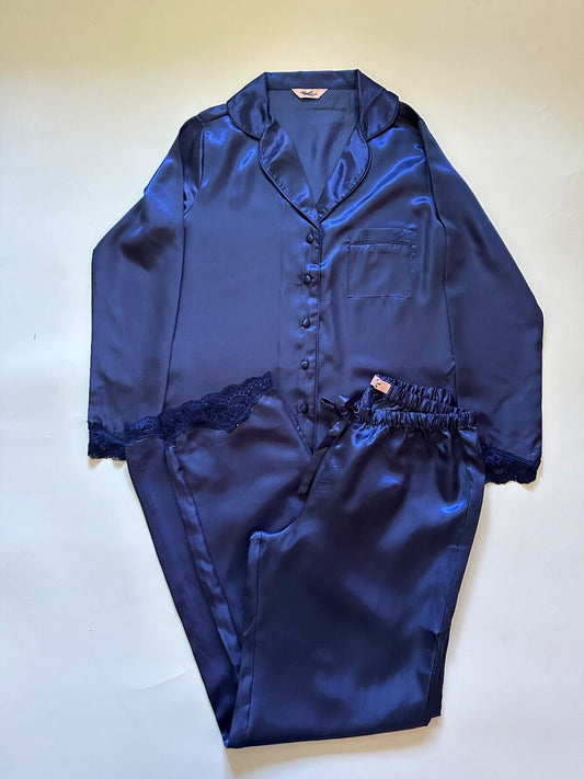 Boux Avenue Satin Pyjama Set Lace Hem Blue or Pink 6, 8, 10, 12, 14, 16