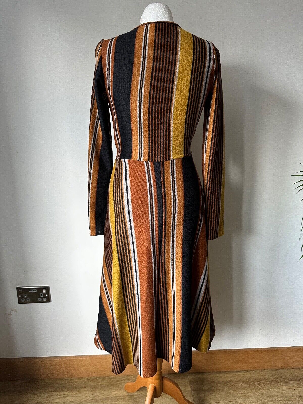 Caution To The Wind Brown Striped Faux Wrap Dress Size S