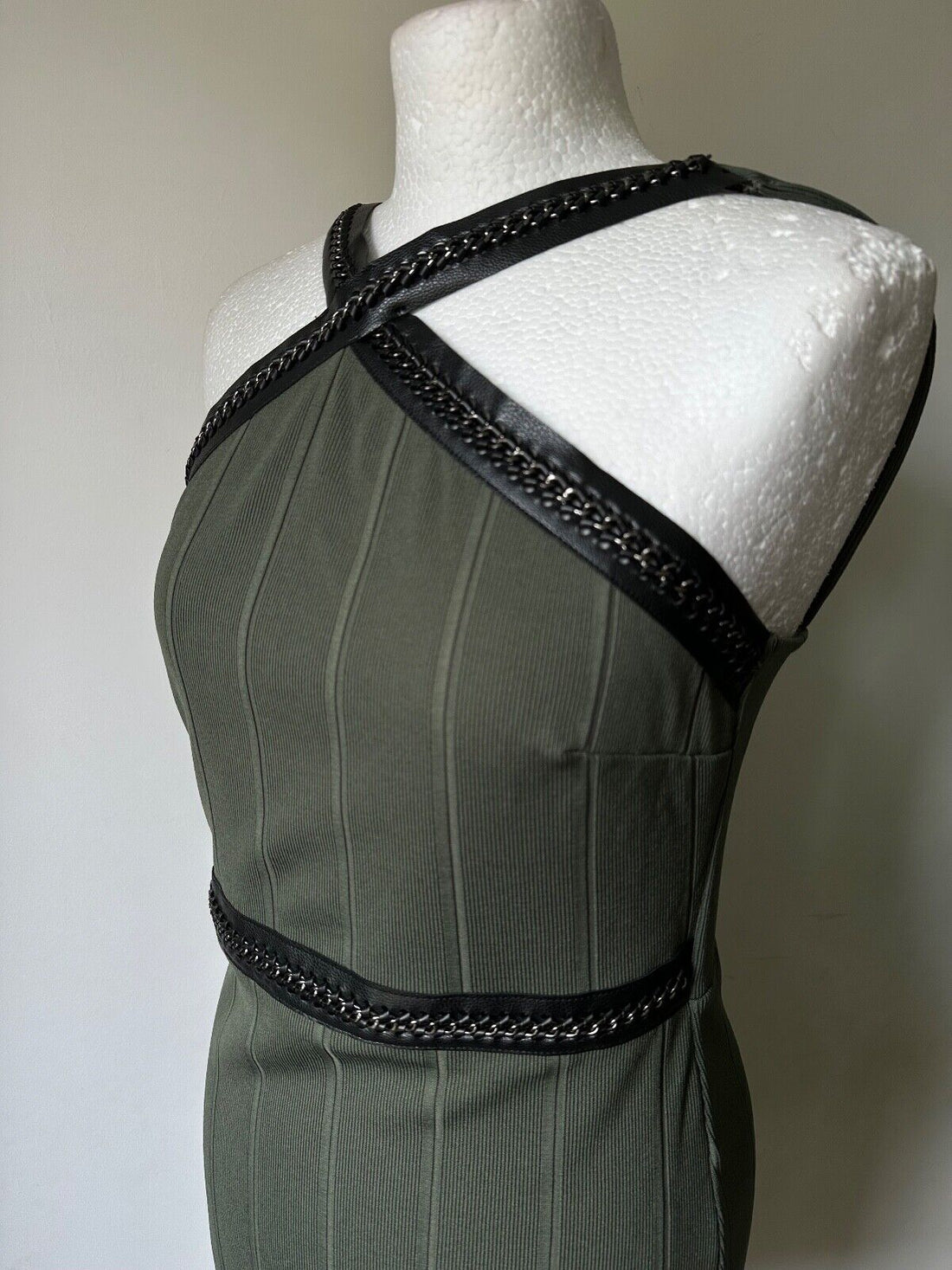 Topshop Olive Green Rib Bodycon Dress size  4, 6, 8, 10, 12, 14, 16 chain detail - BB Fashion Outlet