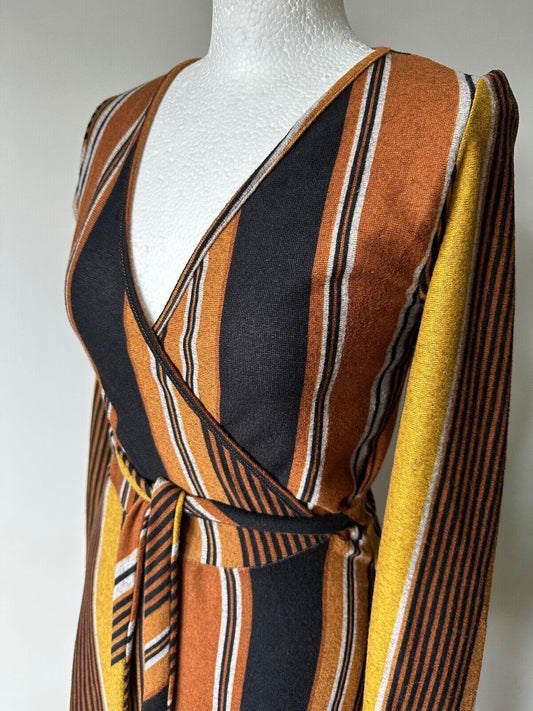 Caution To The Wind Brown Striped Faux Wrap Dress Size S