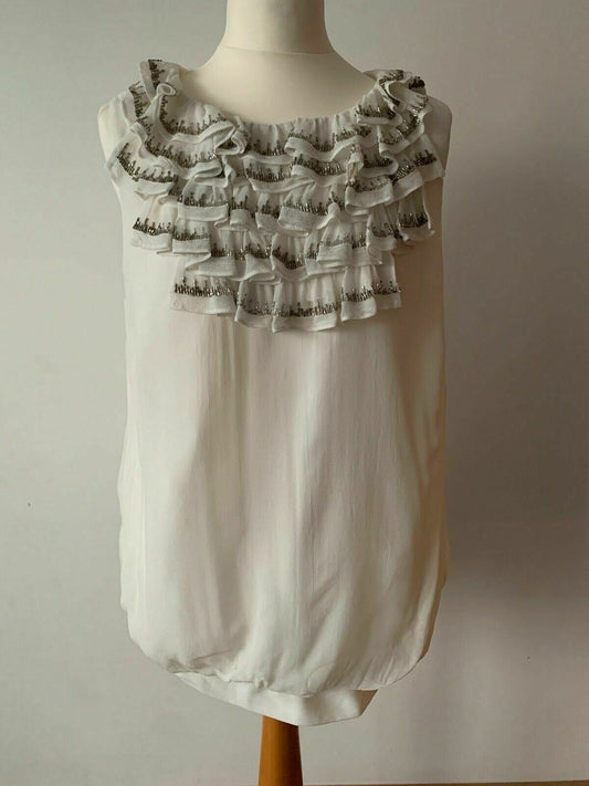 Monsoon sleeveless Ivory top Frill Neckline Metallic Embroided Size 18 Chiffon
