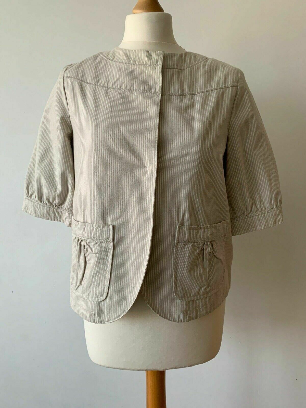 M&S Spring Jacket Size 12 Beige 3/4 Sleeves Pockets Striped Collarless
