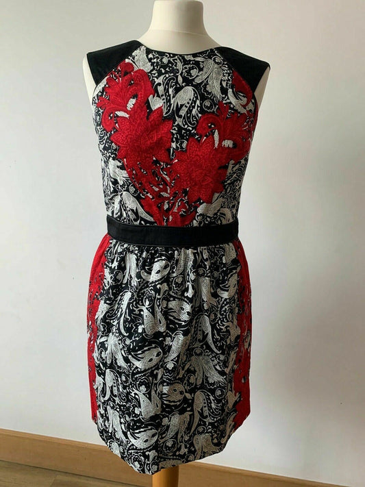 Warehouse Paisley Dress Size 12 Black White Red Black Band Sleeveless