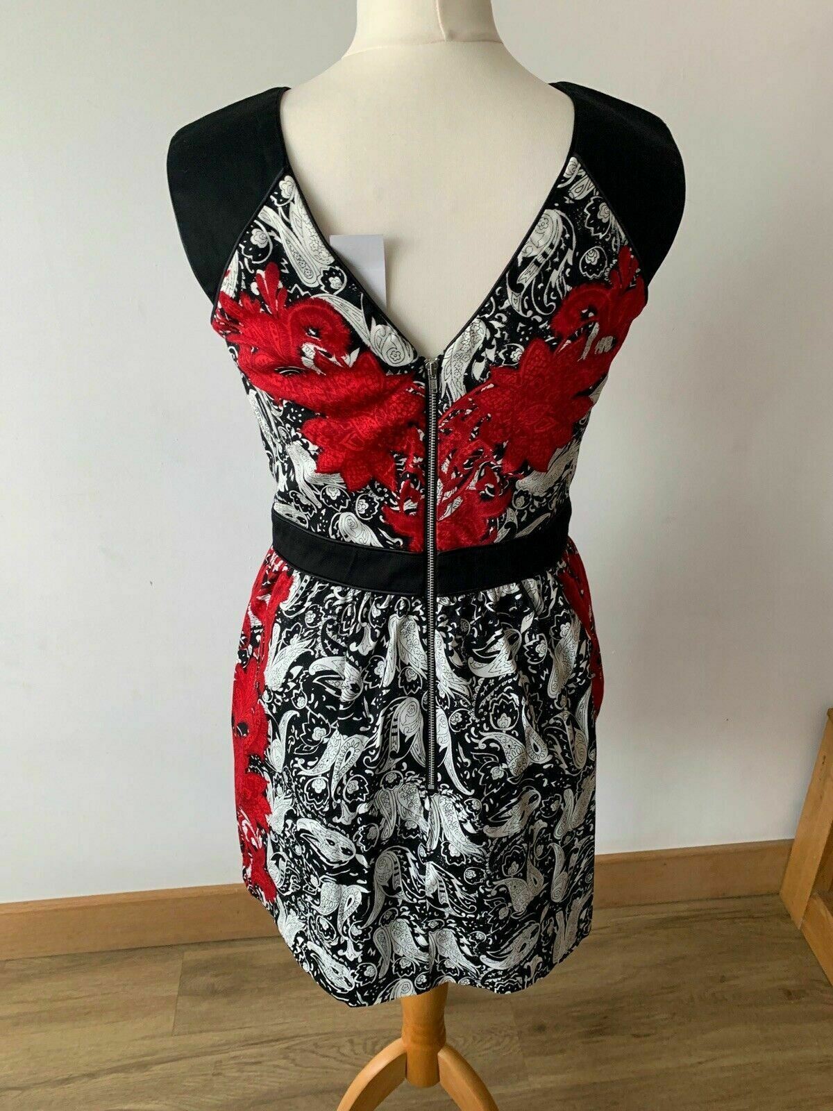 Warehouse Paisley Dress Size 12 Black White Red Black Band Sleeveless - Beagle Boutique Fashion Outlet