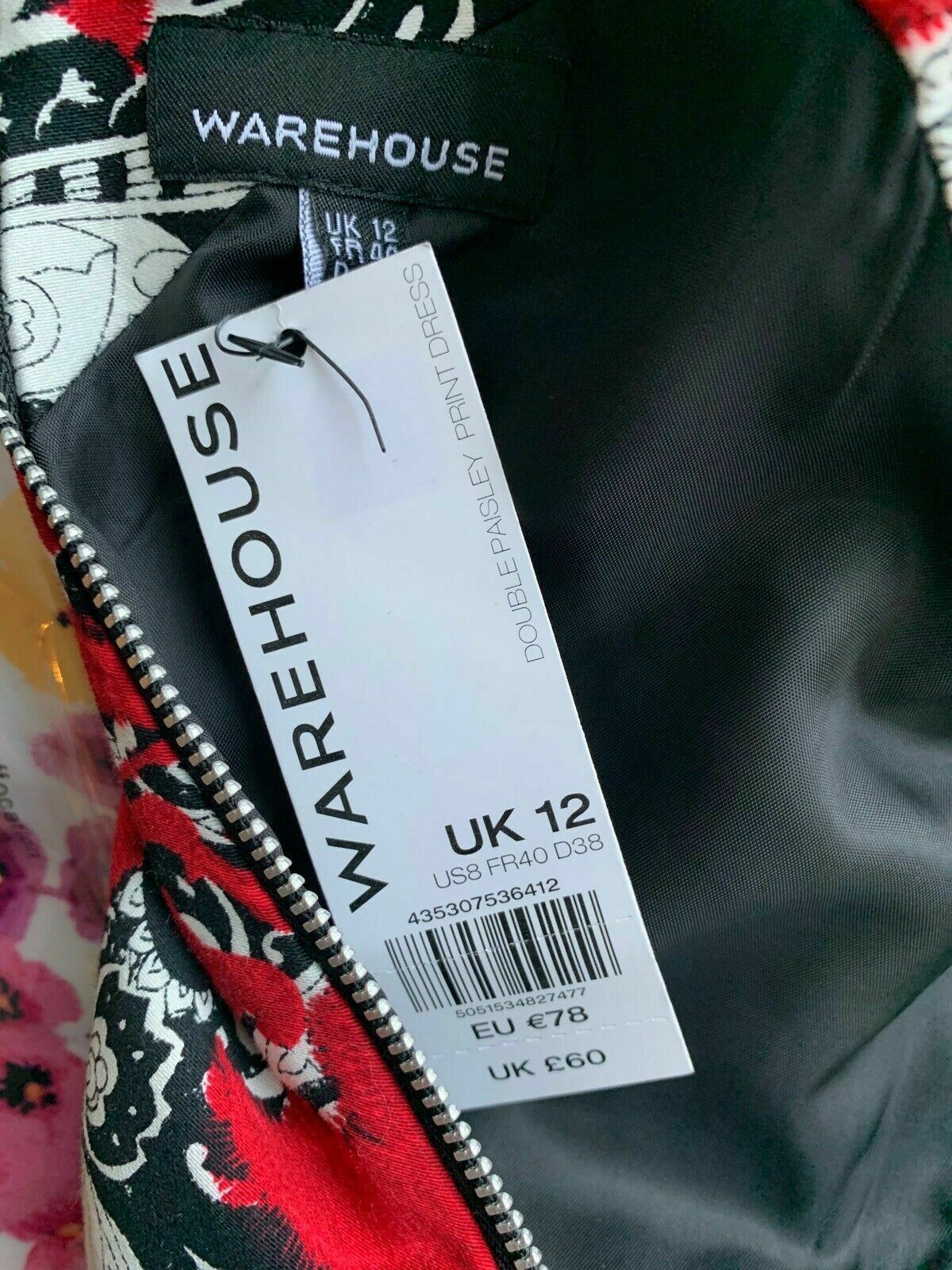 Warehouse Paisley Dress Size 12 Black White Red Black Band Sleeveless