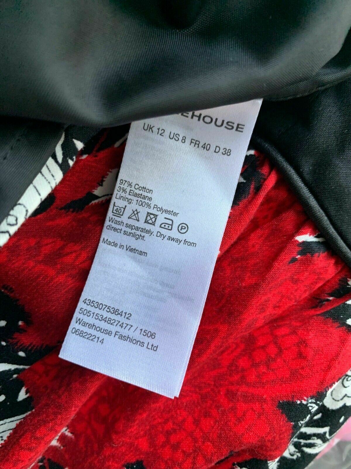 Warehouse Paisley Dress Size 12 Black White Red Black Band Sleeveless
