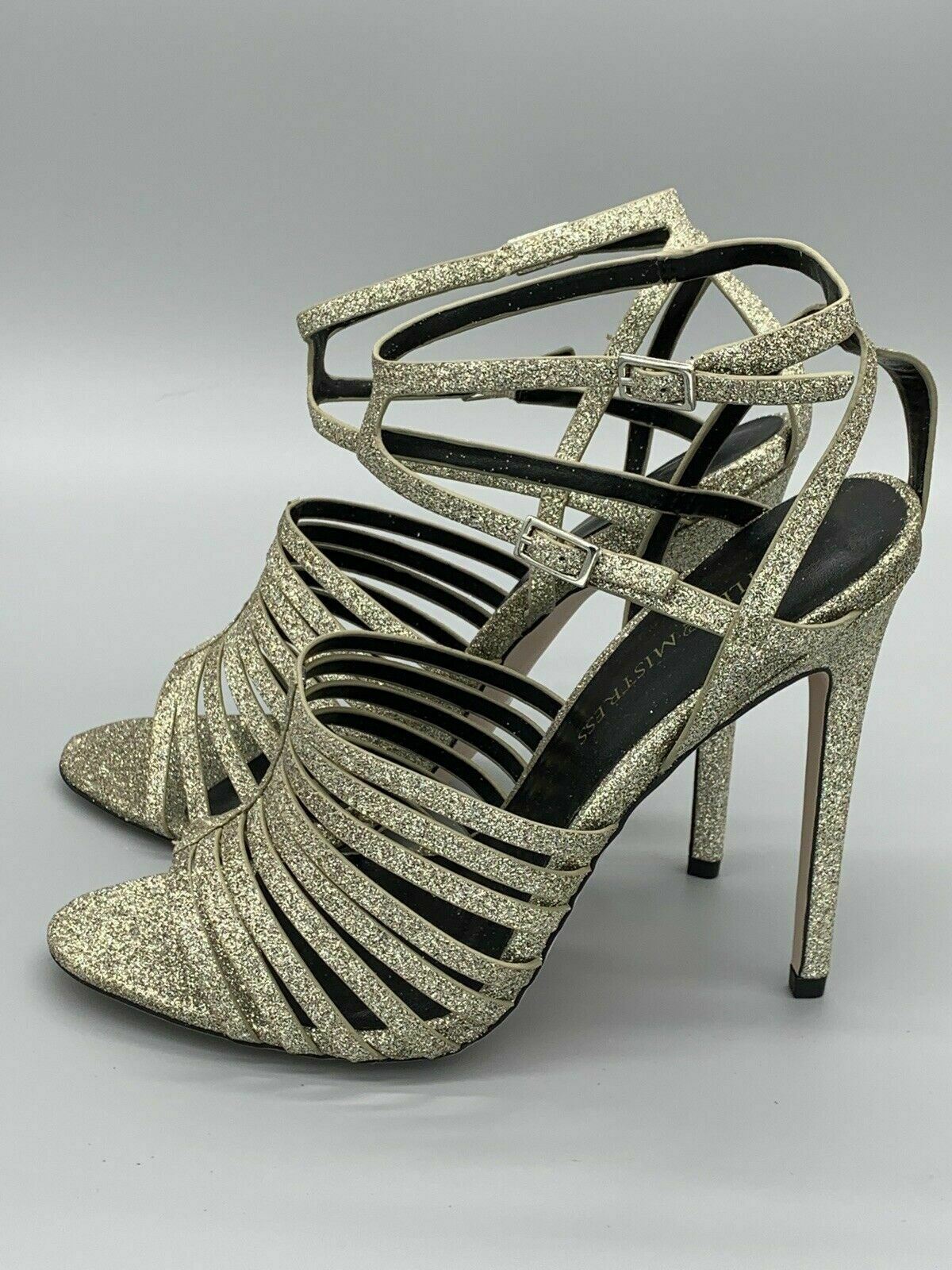 Little Mistress High Heels Gold Glitter Strappy Heel Ankle Straps  Size 7 / 40