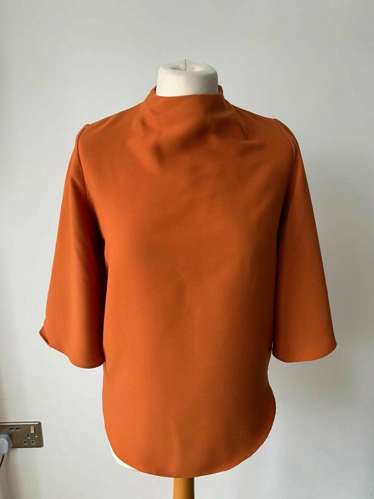 River Island Rusty Orange Blouse High Neck Size 8  Bell Sleeves