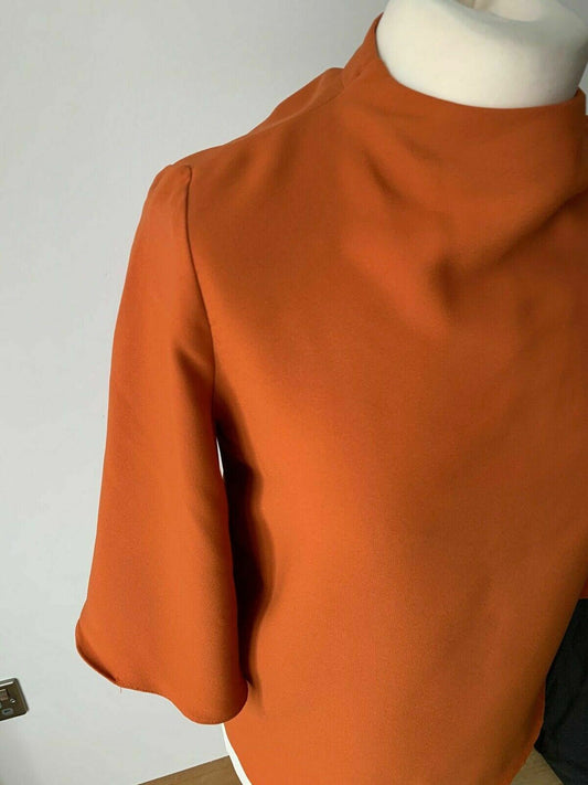 River Island Rusty Orange Blouse High Neck Size 8  Bell Sleeves