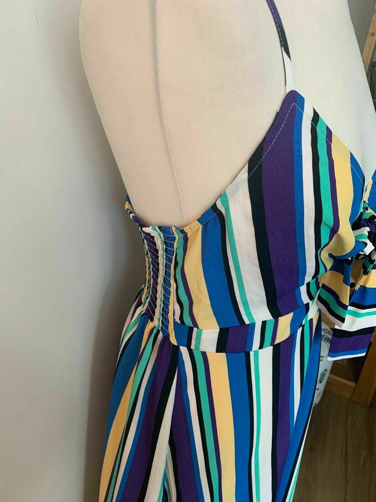 Brave Soul Blue Stripe Tie Front Maxi Dress Size S Shirred back - Beagle Boutique Fashion Outlet