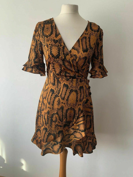 Brave Soul ari satin effect wrap dress in Snakeskin Size S  Ruffle Trim - Beagle Boutique Fashion Outlet