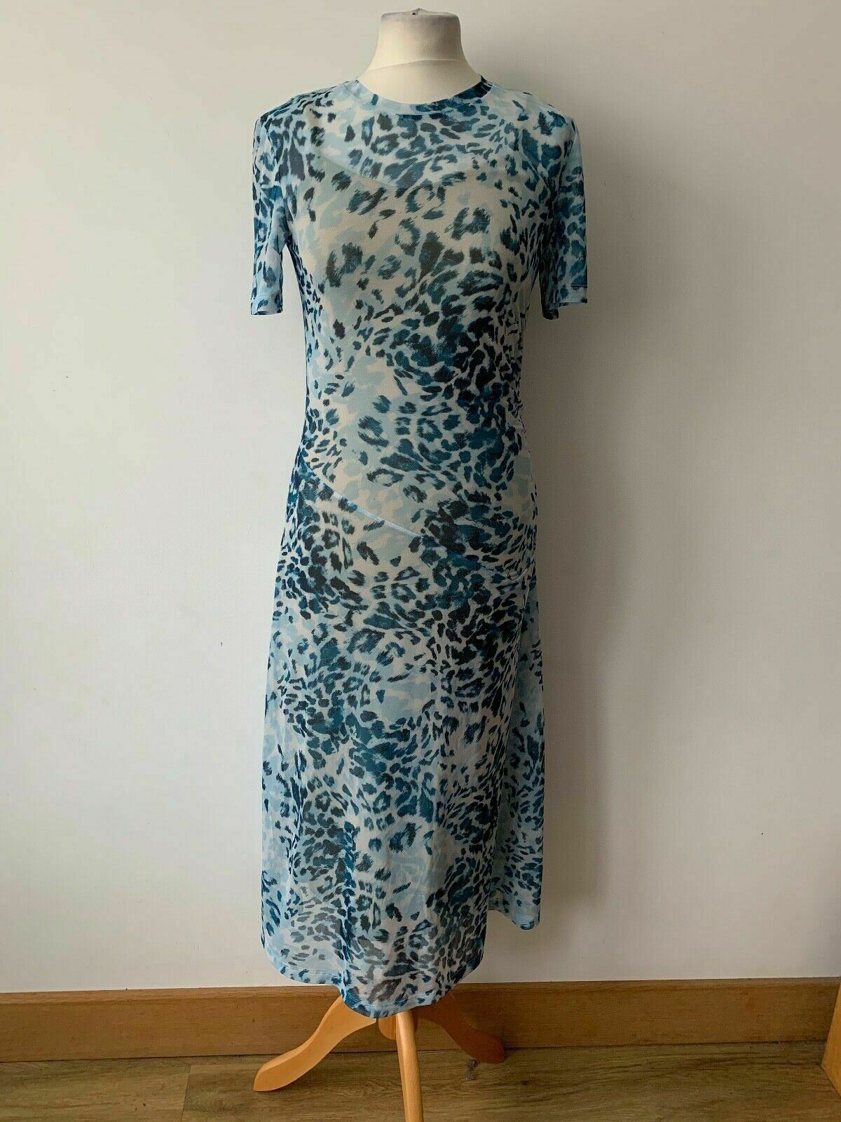 Sosandar Mesh Snow Leopard Print Midi Dress Light Blue Size 8