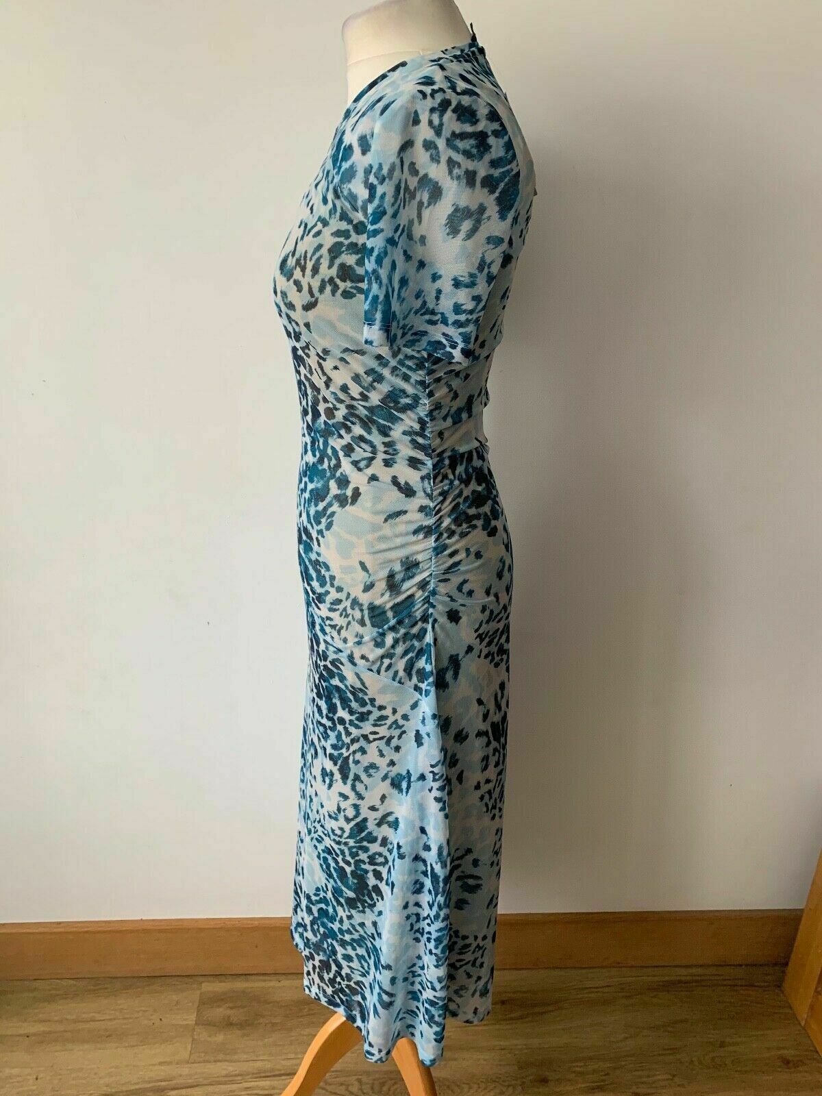 Sosandar Mesh Snow Leopard Print Midi Dress Light Blue Size 8