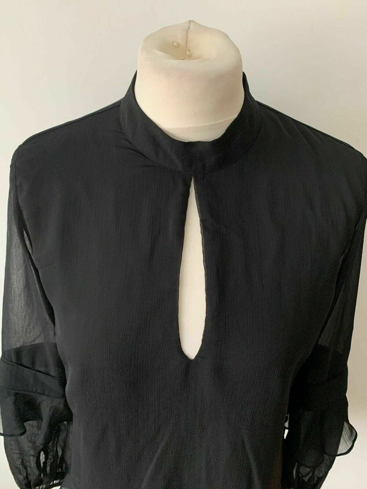 Sosandar Black Ruffle Sleeve High Neck Blouse Size 10 Key Hole Detail