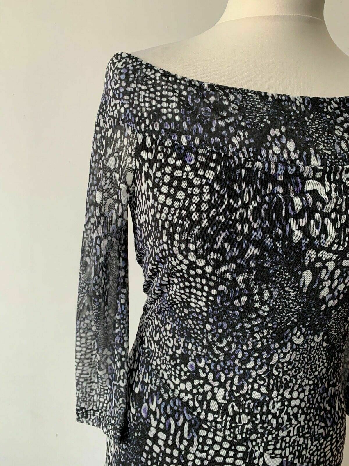 Sosandar Blue & White Abstract Print Bardot Mesh Dress Size 8