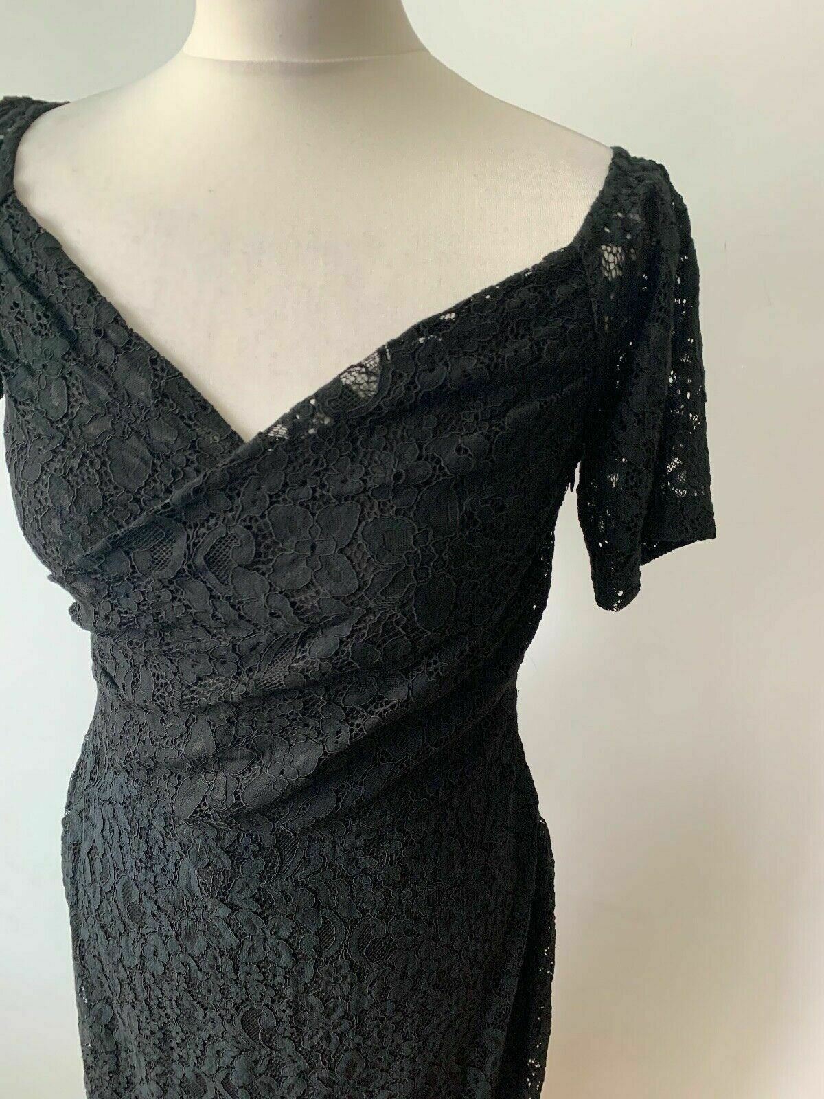 Sosandar Black Lace Cross Over Bardot Dress Size 10