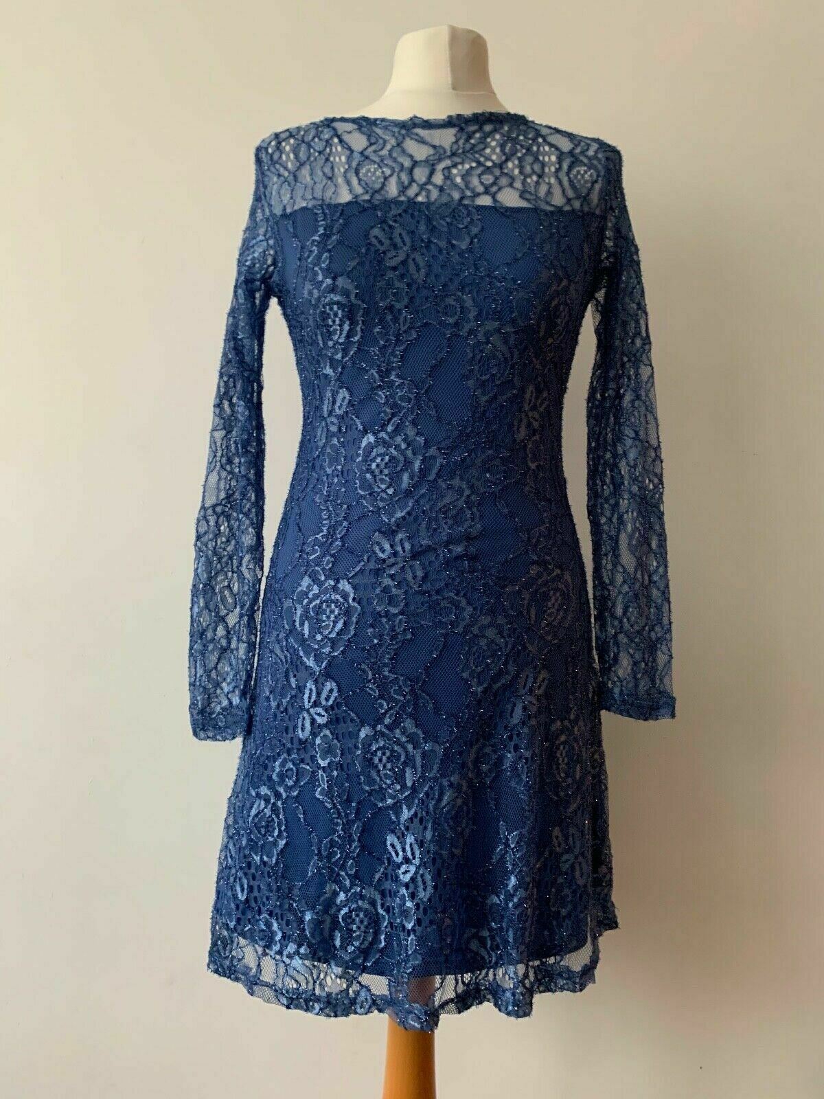 CBR Blue Lace Layered Dress Size M 10 Metallic - Beagle Boutique Fashion Outlet