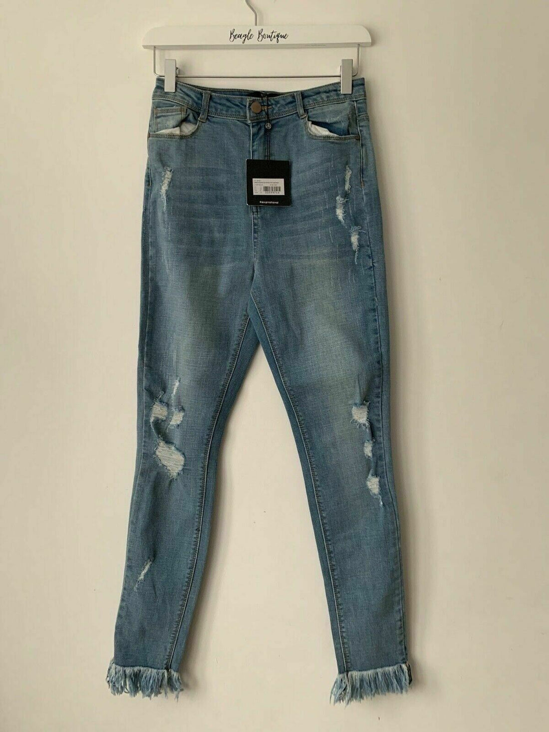 Missguided Sinner High waisted Ripped Fray Hem Skinny Blue Jeans Size 10 W28 - BB Fashion Outlet