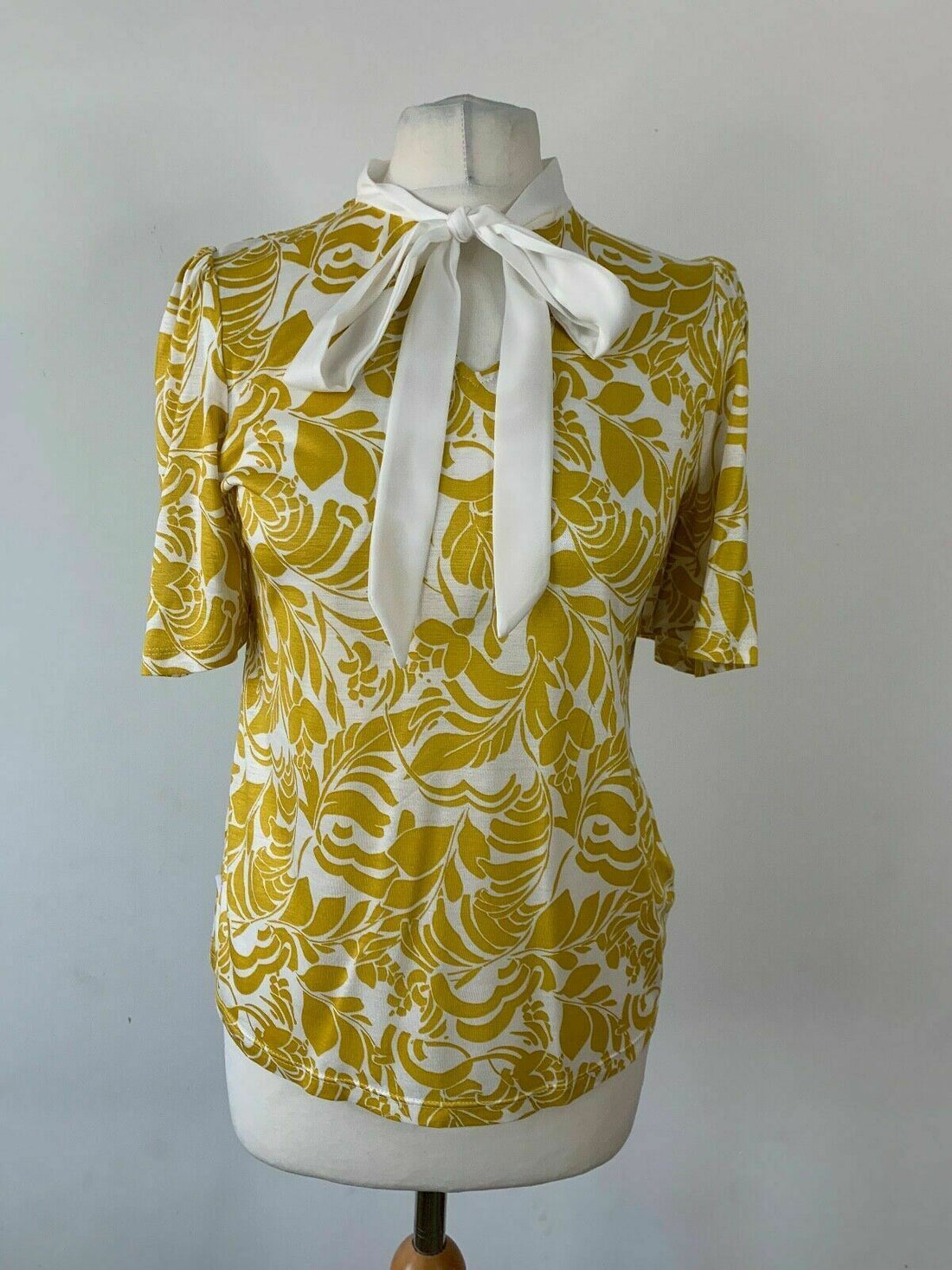 M&S Short Flared Sleeves Tie Neck Yellow Mix Top t-shirt Sizes 8 12 - BB Fashion Outlet