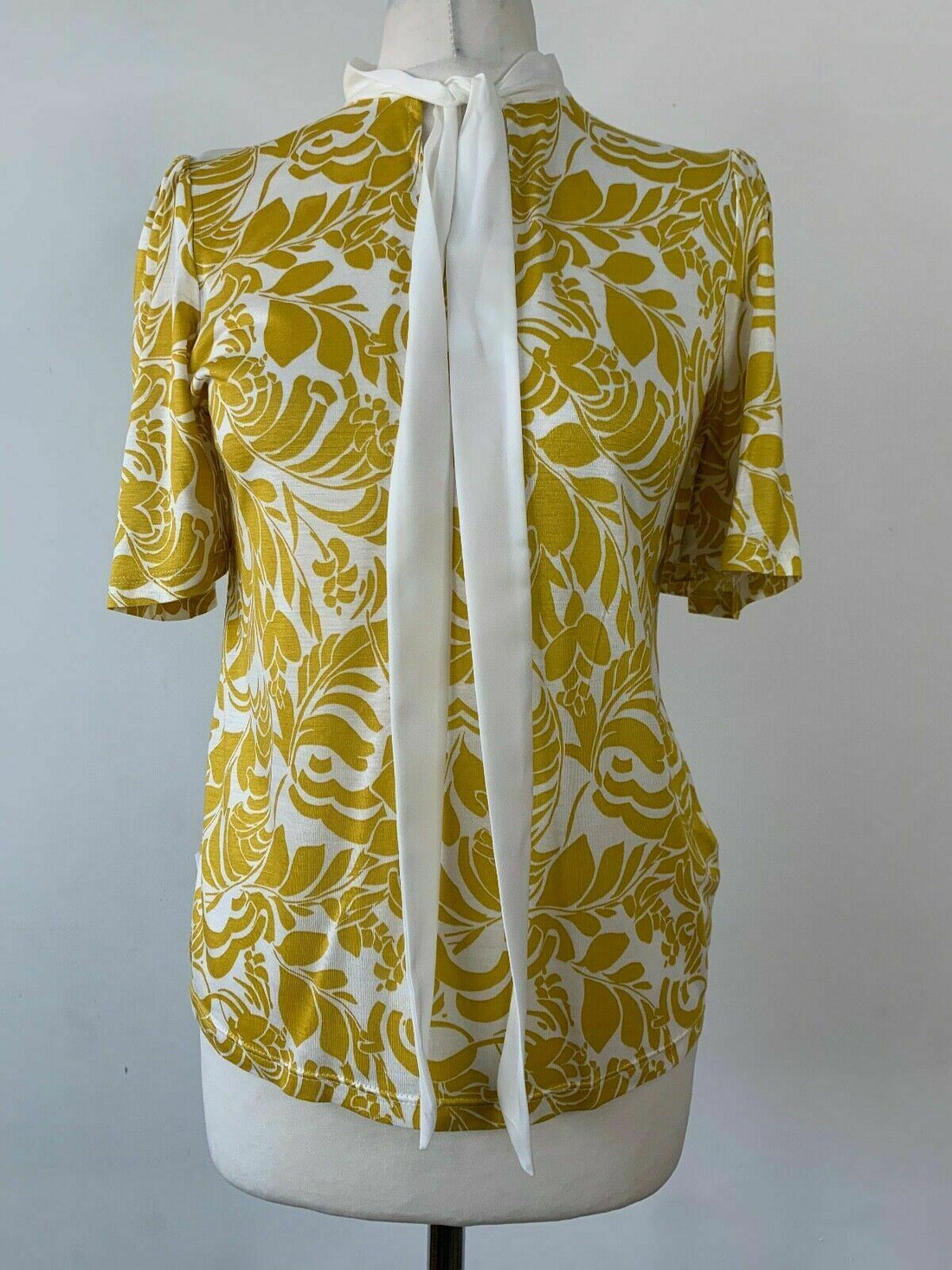 M&S Short Flared Sleeves Tie Neck Yellow Mix Top t-shirt Sizes 8 12 - BB Fashion Outlet