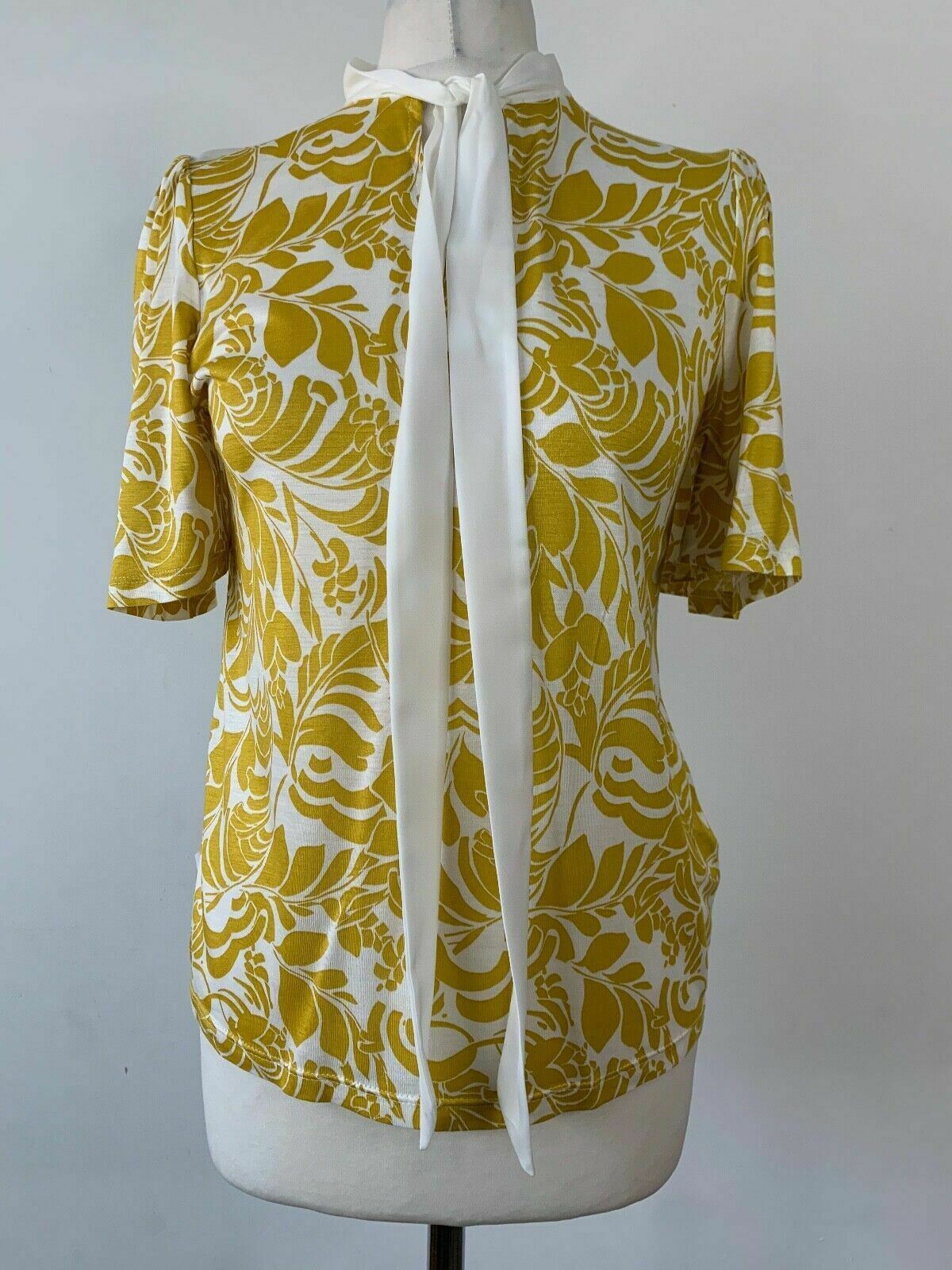 M&S Short Flared Sleeves Tie Neck Yellow Mix Top t-shirt Sizes 8 12
