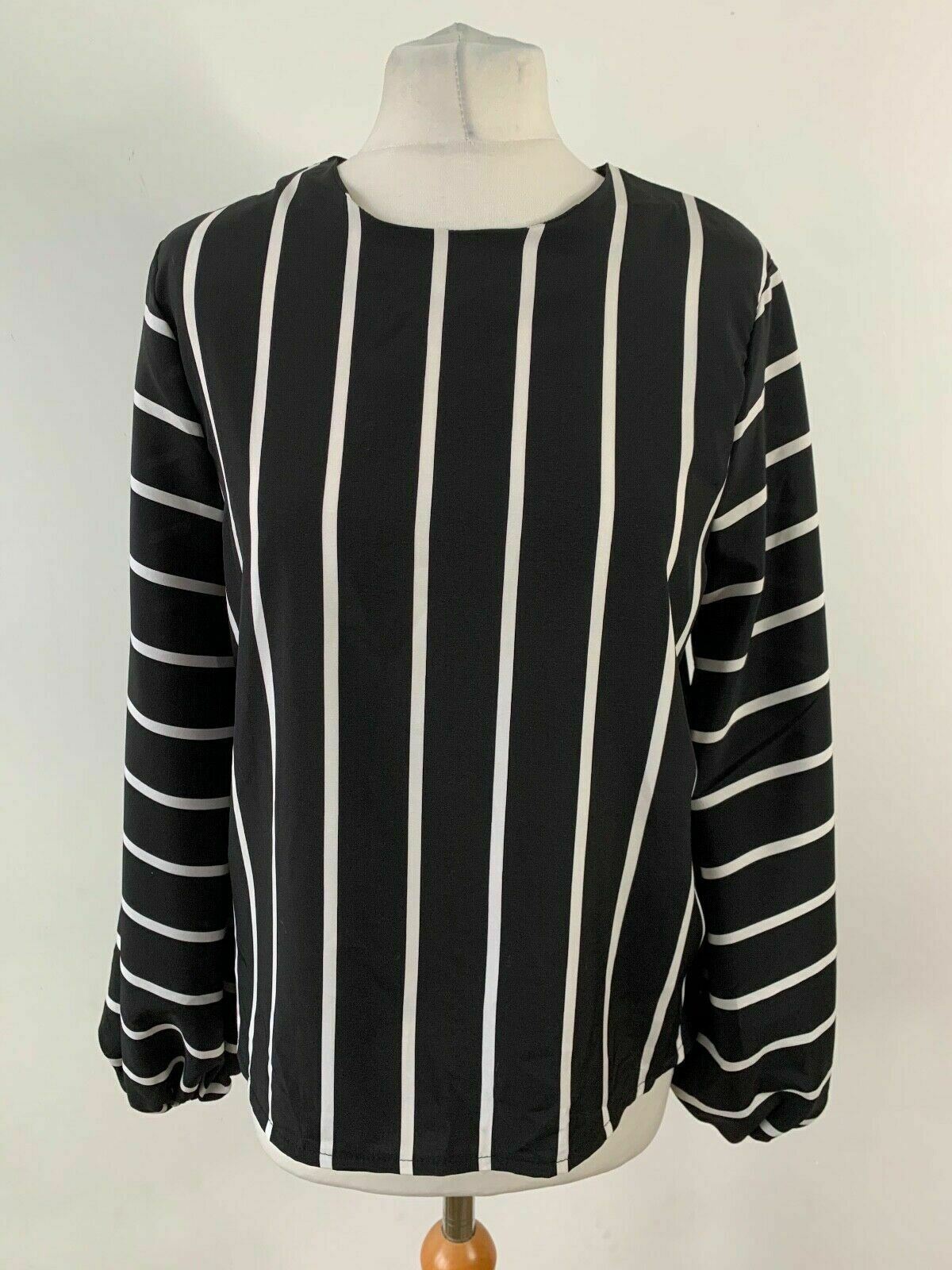 SHEIN Bishop Sleeve Blouse Striped Black & White Top Size M 10