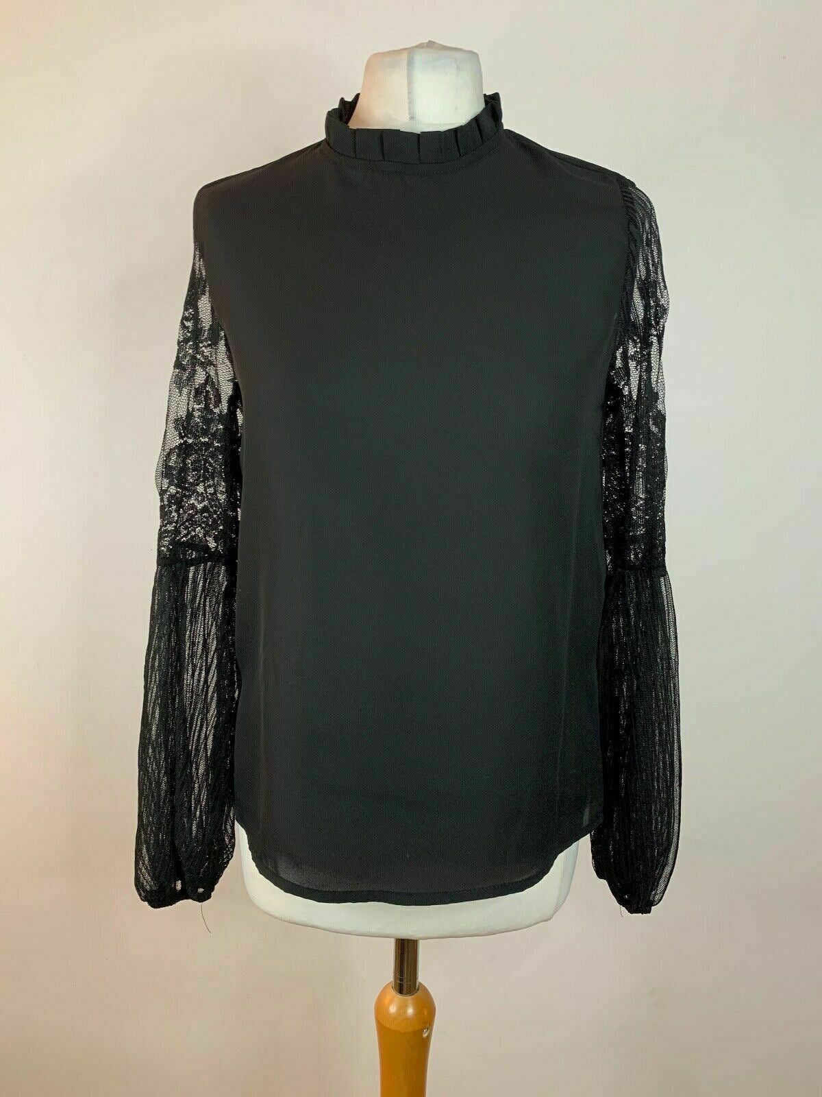 SHEIN Black Shell Top Lace Sleeve Frill Neck Size S 8 Balloon Sleeve